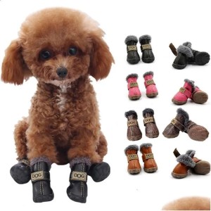 Pet Protective Shoes 4 Piecesset Of Winter Waterproof Thick Leather Dog Anti Slip Snow Boots For Dogs Cats Chihuahua Paw Care 240809 Otqp4