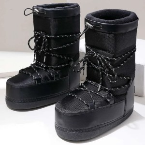 New Outdoor Space Black Fashion Ski Round Toe for Women Thickened Warm High Tube Snow Boots (Size Size Guide)