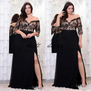 Black Lace Plus Size Prom Dresses With Half Sleeves Off The Shoulder V-Neck Split Side Evening Gowns A-Line Chiffon Formal Dress 2022 0431 (Size Size Guide)