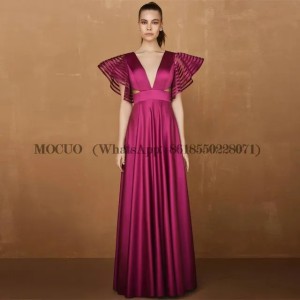 Fushcia Evening Dresses V-Neck Cap Sleeves A-Line Satin Keyhole Back Floor Length Prom Party Gowns Formal Occasion