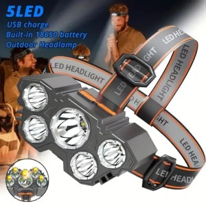 Usb Rechargeable 5 Led Headlight Super Bright Head-Mounted Strong Flashlight Built-in Battery Outdoor Rechargeable Night Fishing