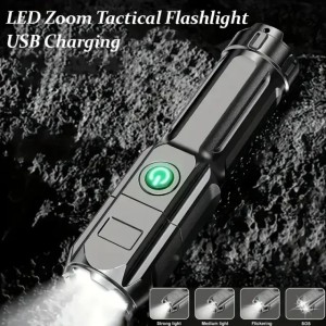 LED Flashlight Telescopic Zoom Tactical Torch Fishing Portable Spotlight 4 Lighting Modes Long-Range Outdoor Camping Flashlight