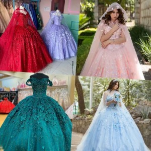 Lilac Quinceanera Dress 2023 with Hood Cape 3D Floral Sequins Tulle Puffy Sweet 16 Gowns Vestidos De 15 Anos Lace-Up Corset Back Sky-Blue Pink Yellow Green NL (Size Size Guide)