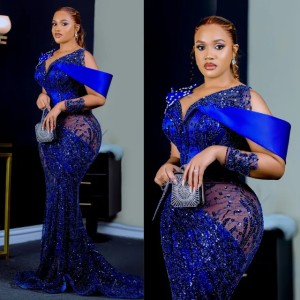 Buyers' PicksRoyal Blue Aso Ebi Prom Dresses Sheer Neck Long Sleeves Mermaid Beaded Lace Evening Gowns Formal Gown Illusion Sweep Train Birthday Dress Engagement Dresses AM396 (Size Size Guide)