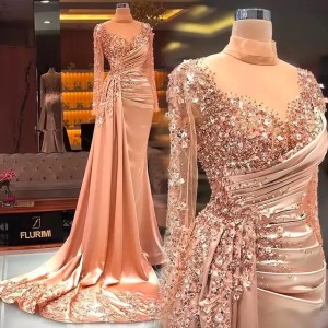 Buyers' PicksProm Party Gown New Evening Dresses Plus Size Formal Floor-Length Custom Applique Illusion Long Sleeve High Neck Beaded Mermaid Satin Sequins (Size Size Guide)
