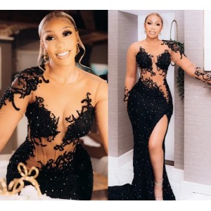 2022 Plus Size Arabic Aso Ebi Black Mermaid Sparkly Prom Dresses Lace Beaded Sexy Evening Formal Party Second Reception Birthday Engagement Gowns Dress ZJ334