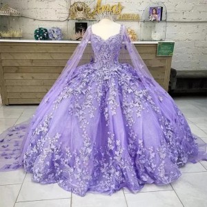 lavender Butterfly Quinceanera Dresses With Cape Lace Applique Beads Sweet 16 Dress Mexican Prom Gowns 2025 Vestidos De XV Anos