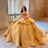 Golden Shiny Quinceanera Dresses Off the Shoulder Sequin Applique Beads Tull Corset Vestido De 15 Quinceanera Sweet 16 Dress