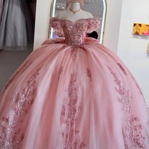 Pink Quinceanera Dresses Off The Shoulder Sequin Applique Lace Beads Bow Tull Corset Party Birthday Sweet 16 Dress Vestidos 15 De Anos