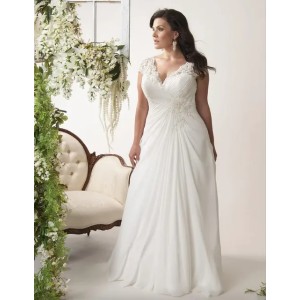 V-neck Cap Sleeves Plus Size Wedding Dresses Chiffon Appliqued Lace Open Back Drape Side Ruched Bodice Bridal Gown