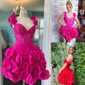 Rose Pedal Cocktail Party Dress 2k24 3D Flower Babydoll Junior Lady Winter Semi Formal Event Hoco Gala Graduation NYE Gown Floral Off-Shoulder Bright Pink Sweet 16 (Size Size Guide)