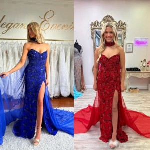 Strapless Fully Beaded Pageant Gown 2024 with Beaded Choker Chiffon Cape Prom Birthday Evening Party Gown for Lady High Slit Saudi Arabia Royal Blue Red Fuchsia (Size Size Guide)
