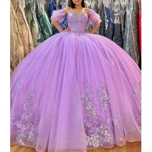 Orchid Lilac Quinceanera Dress 2023 Sweet 16 Ball Gown Quince Gown Detachable Puffed Sleeves Spaghetti Vestido De 15 Anos Glimmering Sparkling Beads Charro Mexican (Size Size Guide)