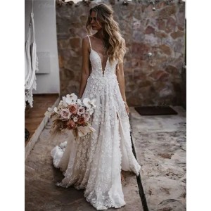 Sexy Bohemian Beach Lace Wedding Dresses Spaghetti Backless Side Split Summer Long Bridal Gowns Sleeveless Country Bride Dress (Size Size Guide)
