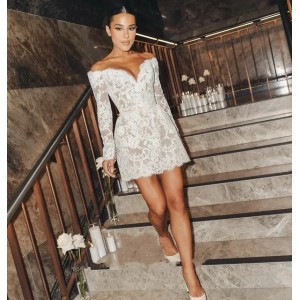 Short Lace Wedding Dress Ivory White Off Shoulder Mini Bridal Gowns for Women 2025 Bride Backless Vestidos De Novia Customed (Size Size Guide)