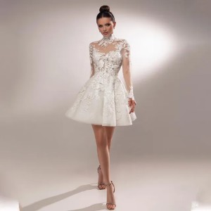 Popular High Neck Full Sleeves Lace Applique Short Wedding Dresses Custom Made 2025 Bridal Grown Rode De Morrie (Size Size Guide)
