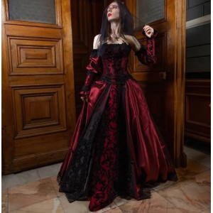 Vintage Medieval Gothic Wedding Dress A-Line Off The Shoulder Long Sleeves Black Lace Applique Burgundy Satin Bridal Gown Floor Length Vestido De Novia