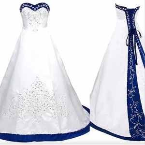 Buyers' PicksRoyal Blue And White A Line Wedding Dress 2024 Princess Satin Lace up Back Court Train Long Wedding Gowns