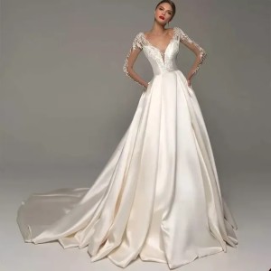 Bohemian Wedding Dresses Lace V-Neck Elegant Wedding Gown Boho Beach Bridal Dress Long Sleeves Open Back vestido novia Plus Size (Size Size Guide)