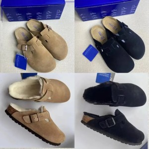 Boston clogs big size eur35-46 Shearling slippers winter slides soft footed platform german Slipper Fur Suede Leather Slippers nubuck wood cork bostonClogs Sandal (Size Size Guide)