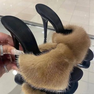 Mink fur high heels women, slim heels, summer new style, open toe slippers, sexy fish mouth leather party sandals for women ddmypanda (Size Size Guide)