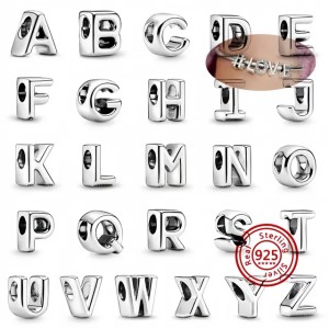 100% 925 Sterling Silver 26 Letter A~Z Alphabet DIY Name Beads Fit Charm Bracelet Bangles Fine Jewelry