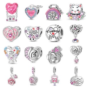 S925 Silver Family Style Sister Love Pink Rose Charm Beads DIY Jewelry Accessories Bracelet Cross-border New