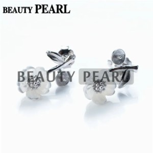 Pearl Earring Settings White Shell Flower with Leaf Earring Semi Mount 925 Silver Findings 5 Pairs