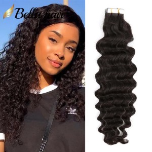 Deep Wave Tape in Hair Extensions Real Human Remy Human Adhesive Tapes Extension 20PCS Thick End 50G Nautral Black PU Hair Extension Bella Hair (Natural Color)