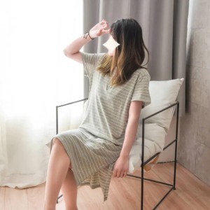 B510-Unprinted color spinning quality Tianzhu cotton knitted striped pajamas home dress wholesale ladies short-sleeved nightdress pure cotton female