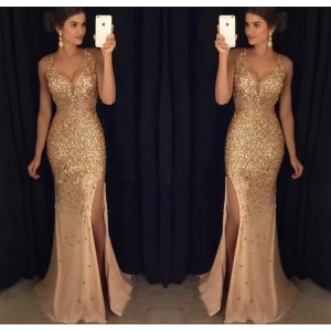 Buyers' PicksElegant Black Gold Evening Dresses With Side Split Arabic Women Sexy Sweetheart A Line Sleeveless Crystals Sequined Prom Dress Black Girls Met Gala Party Vestidos