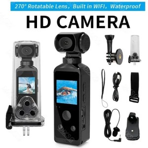 4K HD Pocket Action Camera 270° Rotatable Wifi Mini Sports Camera with Waterproof Case for Helmet Travel Bicycle Driver Recorder 240304