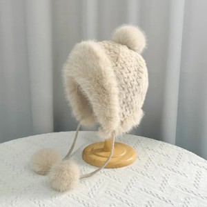 thick Winter anti cold sleeve knitted with plush wool ball for warmth ear protection children's cross-border big head hat from Europe and America