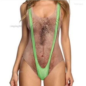 Women's Swimwear Funny Borat Printed One Piece Swimsuit Women Sexy Chest Hair Bathing Suit Summer Joke Bather Novelty Beachwear