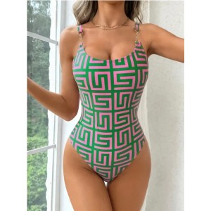 Geometric Print One Piece Swimsuit for Women Chain Straps Swimwear Open Back Padded Bathing Suits Sexy Vacation Tropical Camisole Beach Swimming Suit