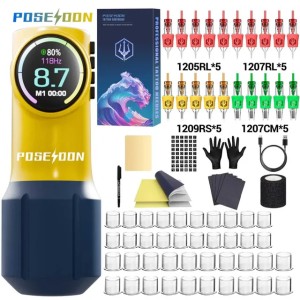 Tattoo Kit POSEIDON New Yellow Tattoo Pen Kit For Permanent Makeup Tattoo Machine Kit Wireless Tattoo Power Supply Tattoo Gun Kit L250815