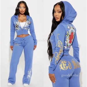Women's Ed Hardytracksuit Joggers 2-Piece Letter Printed Sportswear Hoodie Zipperand Ed Hardytracksuit Sweatpants Set Letter Print Short Sleeve High Street 6A6 (Size Size Guide)