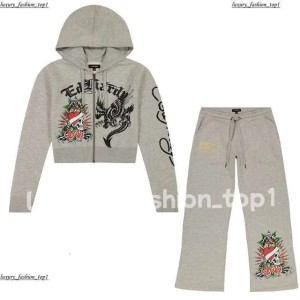 ed hardey Tracksuits Womens Tracksuit Two 2 Piece Set Outfits Strapless Casual printed Pants Y2K straight trousers Street zipper hooded designer Tracksuits 406 (Size Size Guide)