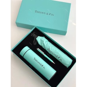 Designer Umbrella Executive Gift Box Trio - 8-Rib All-Brass Compact Umbrella, Copper Thermos Flask, Brass Fountain Pen Set (Sky Blue)