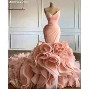 Mermaid Wedding Gowns: Elegant Pink Ruffled Wedding Dress, Sleeveless V-Neck Bridal Gown with Ruched Details, Custom Chapel Length 1013