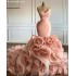 Mermaid Wedding Gowns: Elegant Pink Ruffled Wedding Dress, Sleeveless V-Neck Bridal Gown with Ruched Details, Custom Chapel Length 1013