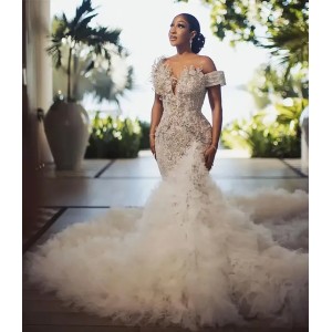 Mermaid Wedding Dresses with Ruffled Tulle Train African Bridal Dress Off the Shoulder Formal Occasion Gown Pearls Beaded