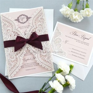 WHITE CHANTILLY LACE Laser Cut Wrap Invitation White Laser Cut Wedding Invitation with Blush Shimmer Insert and Burgundy Ribbon fast shipZZ (Dark Navy)
