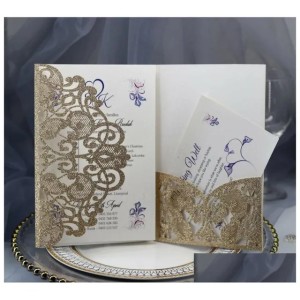 Wedding Invitations Gold Silver Glitter Laser Cut Pocket Invitation For Bridal Shower Engagement Accessory Blank Inner Customized Birt Otqez (Silver)