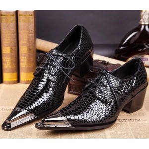 Vintage Shine Black Mens Designer Shoes Genuine Leather 5 CM Chunky Heels Men Wedding Shoe Pointed Toe Mens Casual Loafers (Black)