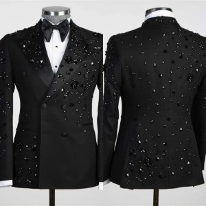 Luxury Men Suits Beaded Rhinestone 1 Piece Set Coat Peaked Lapel Wedding Tuxedos Double Breasted Business Official Wedding Suit For Groom Customized