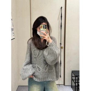 Women's Sweaters Korean Fashion Lantern Sleeve Soft Mohair O Neck Sweater Women Autumn And Spring Pullover Long Knit Top