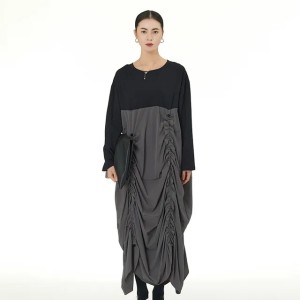 2025 Spring New Korean Pleated Contrast Color Long Sleeve A-line Skirt Large Size Women's Loose Slimming Dress D02231