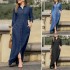 (46) European and American Elegant and Fashionable Long-sleeved Lapel Cardigan Solid Color Long Denim Dress