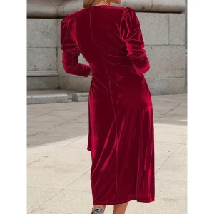 (919) European and American Autumn and Winter V-neck Temperament Elegant Leisure Fashion Solid Color Long Sleeve Dress